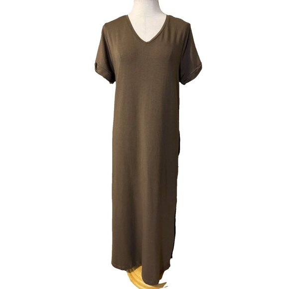 Pure J Jill Maxi Dress L Large Brown Pockets Short Sleeve Modal Cotton Washable - Picture 1 of 10